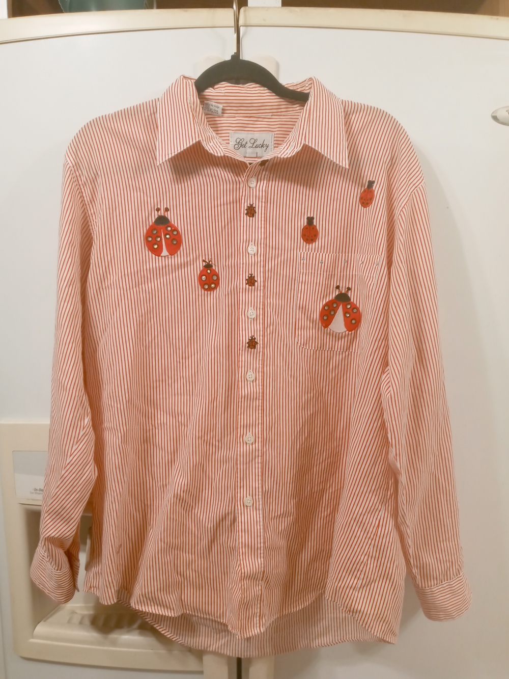 Vintage Women's Red Stripe Button-Up Shirt with Ladybug Embroidery